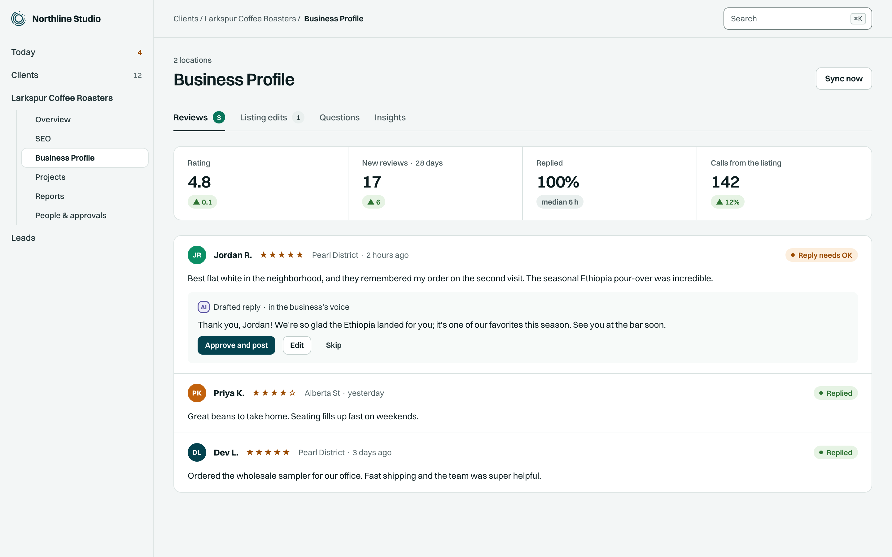 Business Profile reviews with a drafted reply waiting for approval (illustrative data)
