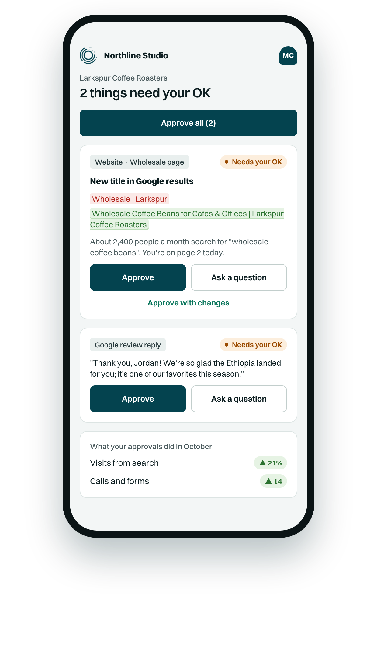 The client portal on a phone with two items waiting for approval (illustrative data)