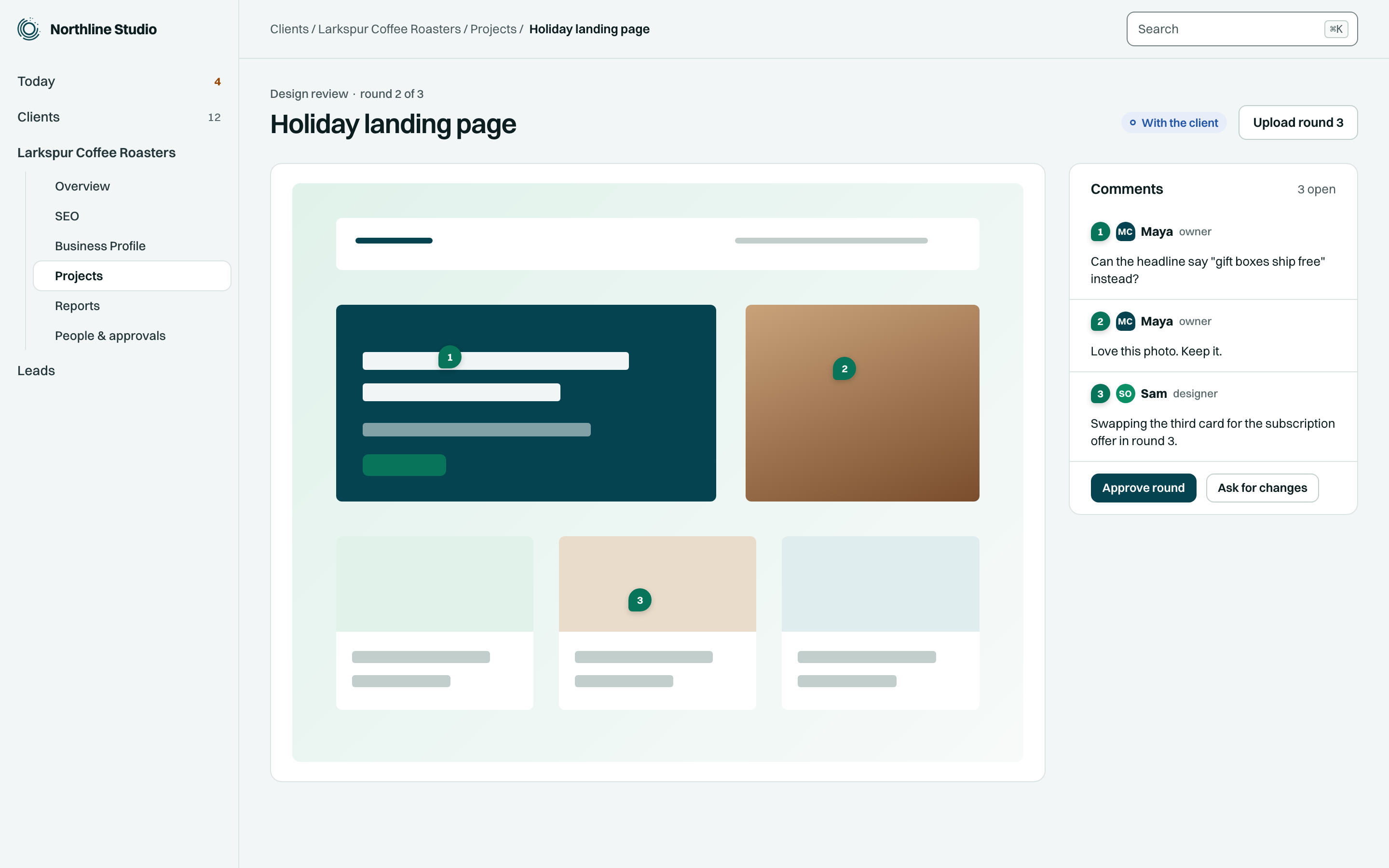 A design review round with pinned comments (illustrative data)